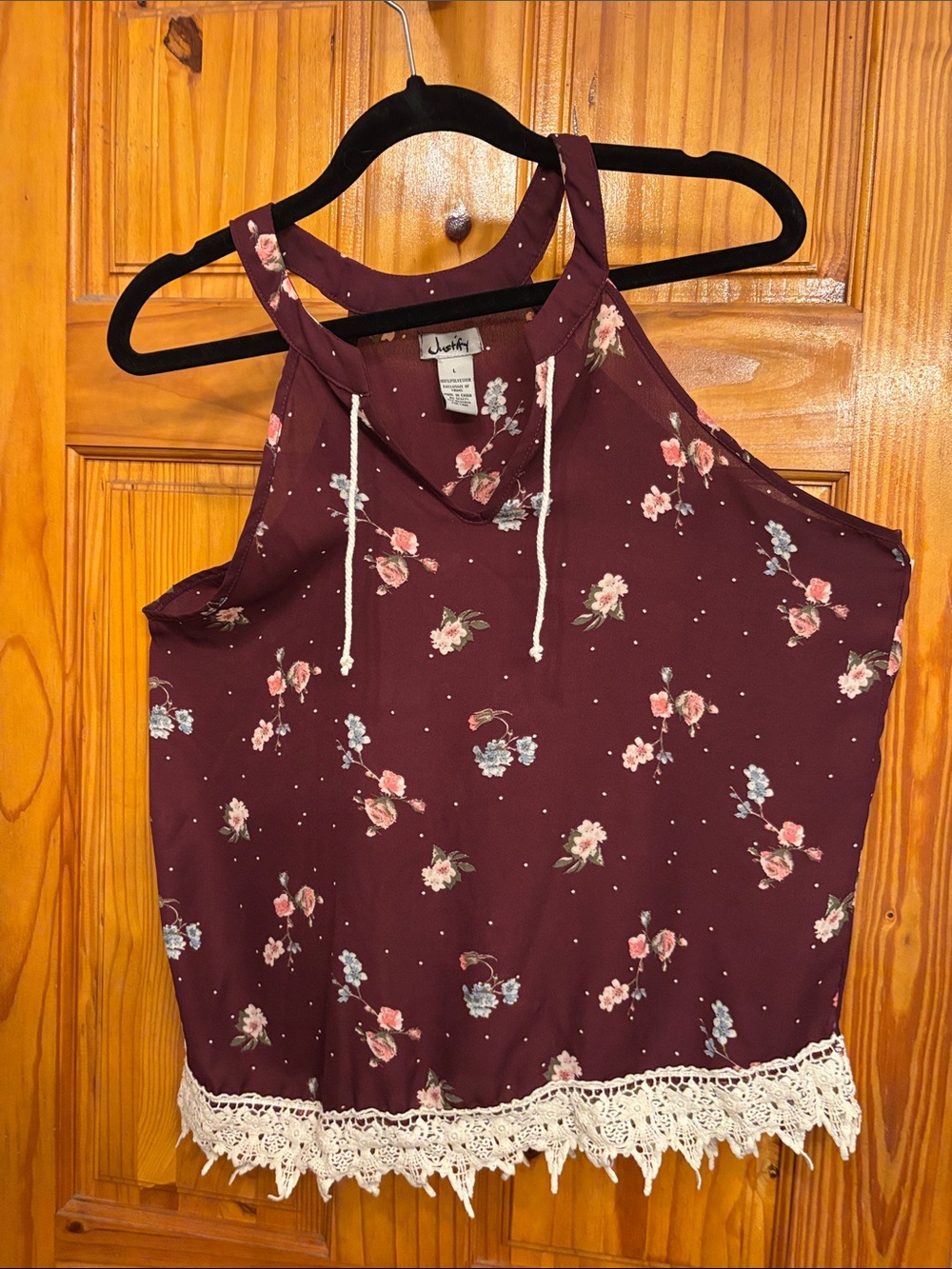 Justify Burgundy Floral Crochet-Hem Halter Cami